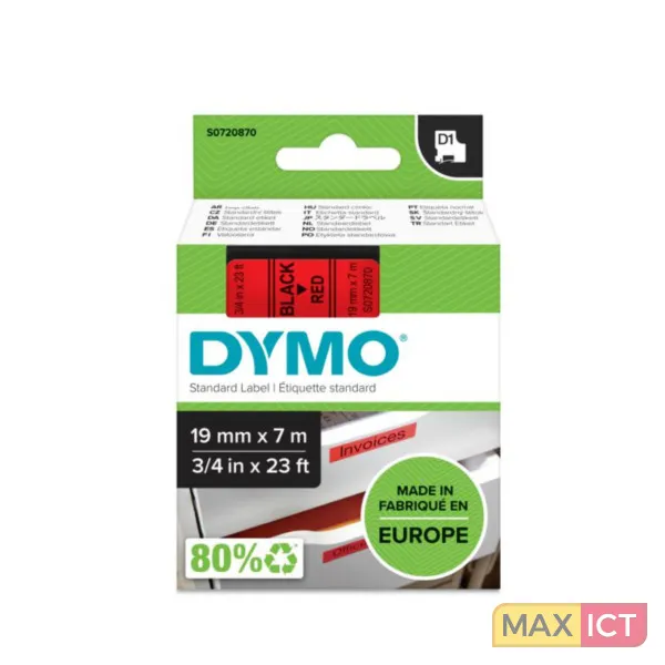 DYMO D1 STANDARD LABELS  BLACK ON RED  19MM X 7M