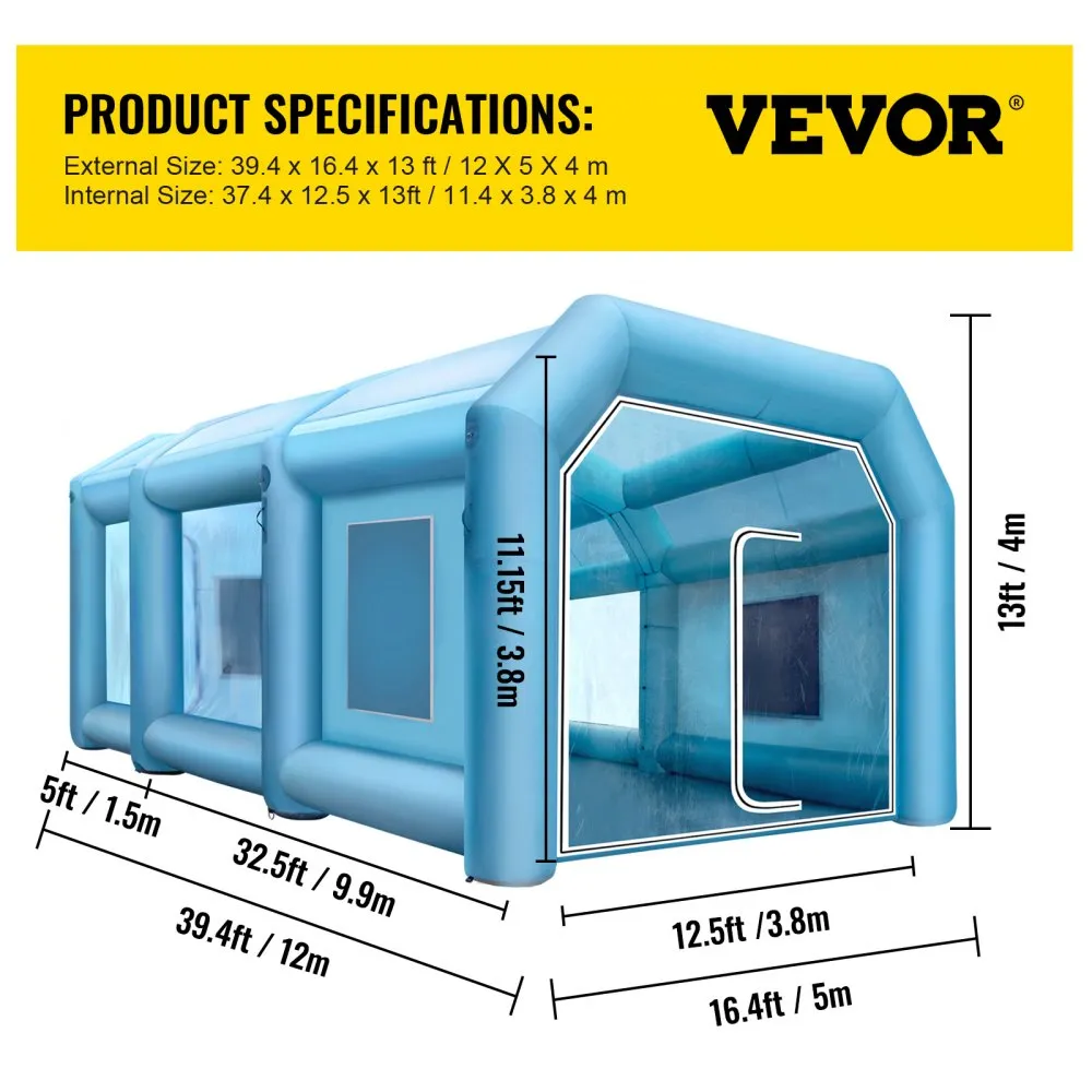 VEVOR OPBLAASBARE SPUITCABINE 12X5X4M WERKTENT VERFTENT VAN 210D OXFORDSTOF 0,4MM PVC MET INFLATIEVENTILATOR EN VENTILATIEVENTI